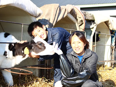 滝口牧場の親子で作業中